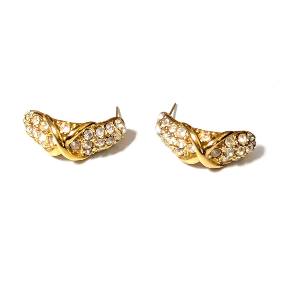 Rhinestone Pierced Earrings Gold-tone Crescents 1